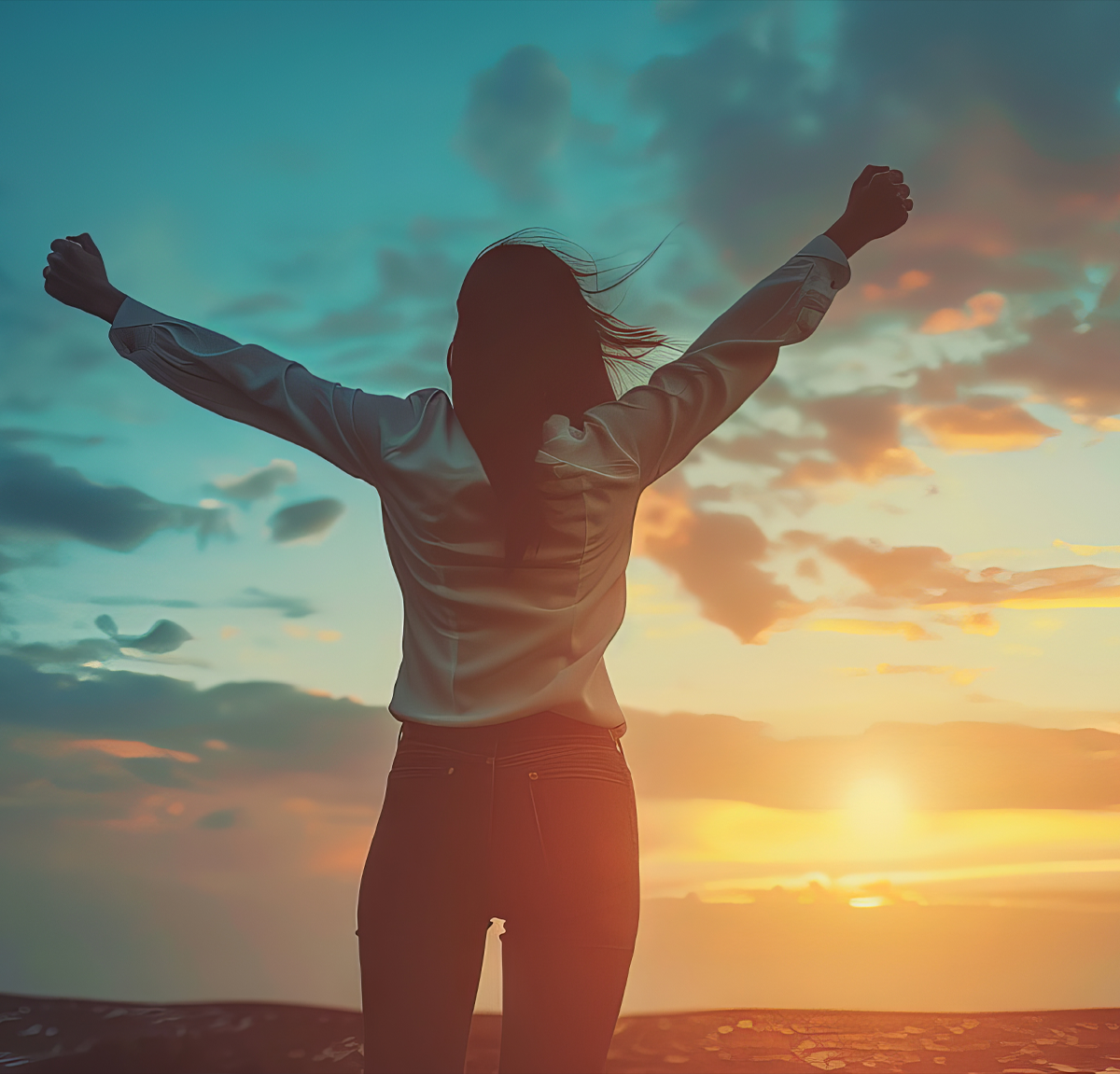 about-us-1 woman raising hands in success in front of a sunset