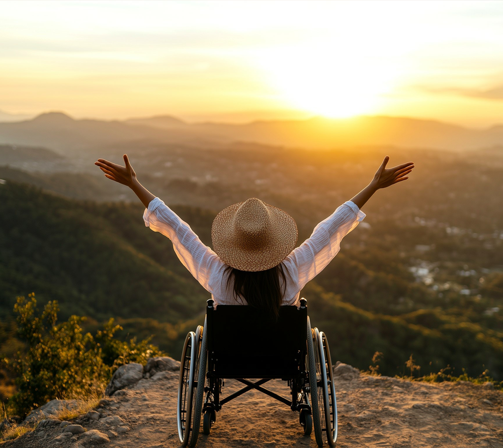 empowered-woman woman in wheelchair on cliff with arms extended in celebration